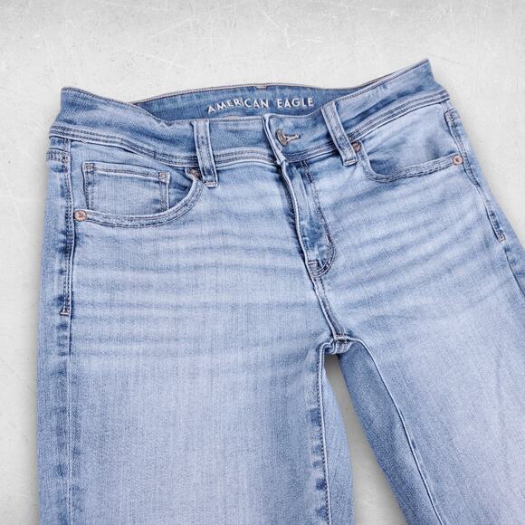 American Eagle Kick Boot Jeans Women 6S Light Blue Distressed Hem Retro Cowgirl - Picture 2 of 13